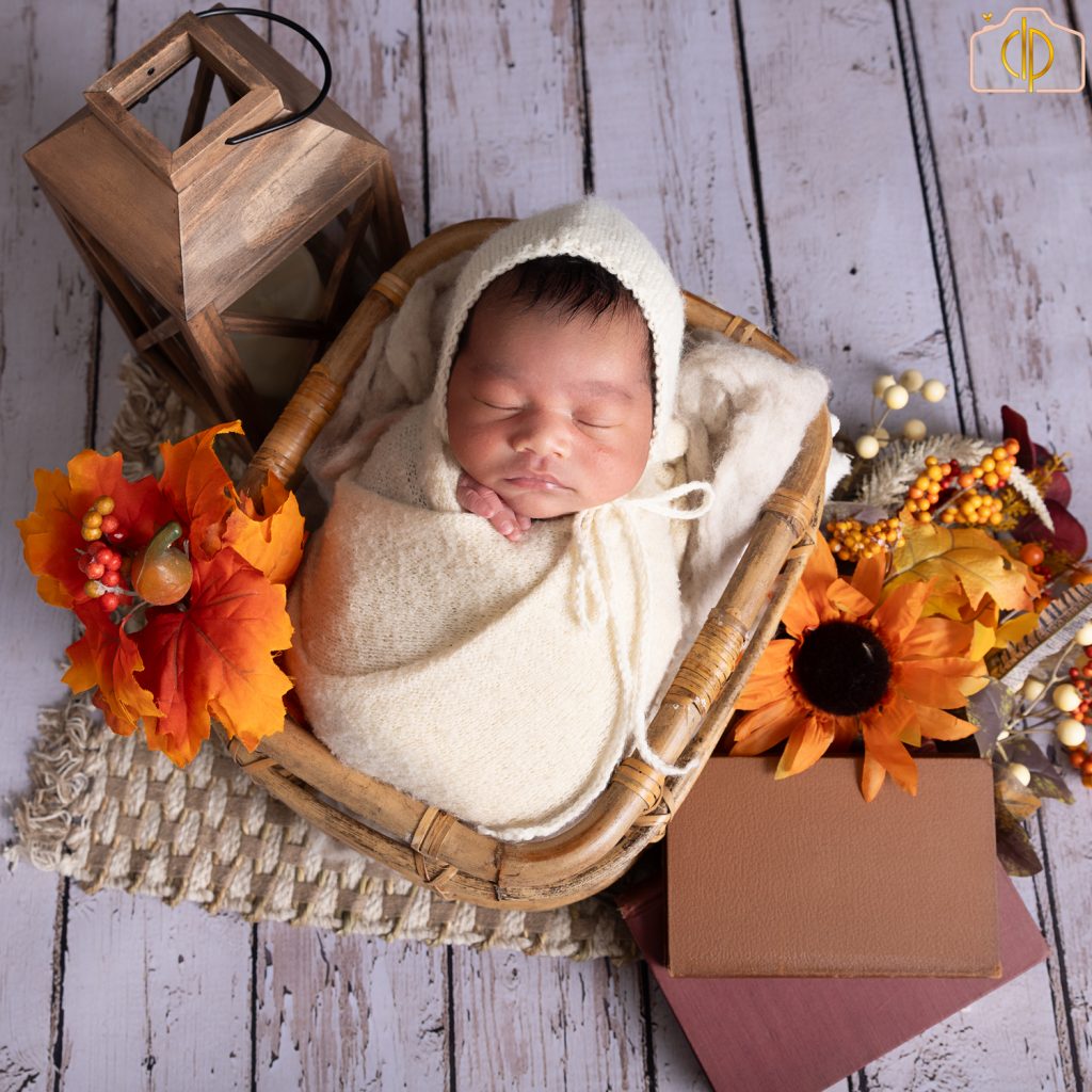 Newborn baby sleeping in a woven basket in a Chantilly, VA home