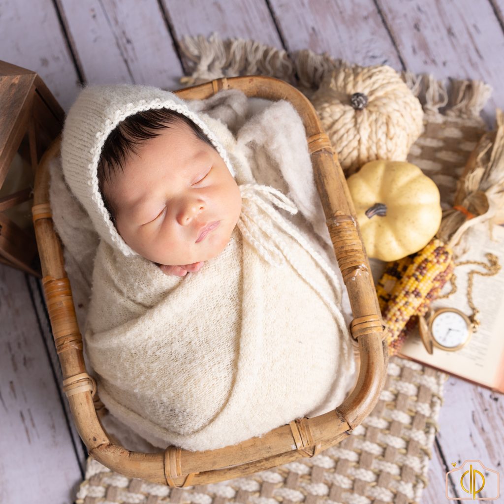 Newborn baby sleeping in a woven basket in a Chantilly, VA home