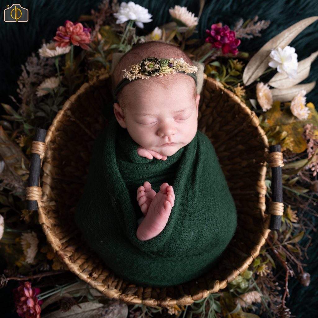 Newborn baby sleeping in a woven basket in a Chantilly, VA home